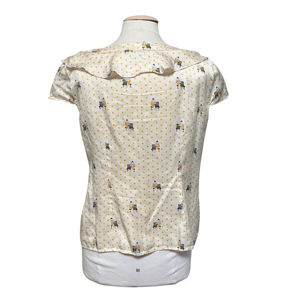 Luisa Spagnoli Silk Blouse Ruffle Bow Yellow Polka Dot Graphic Short Sleeve 48 - Picture 6 of 8